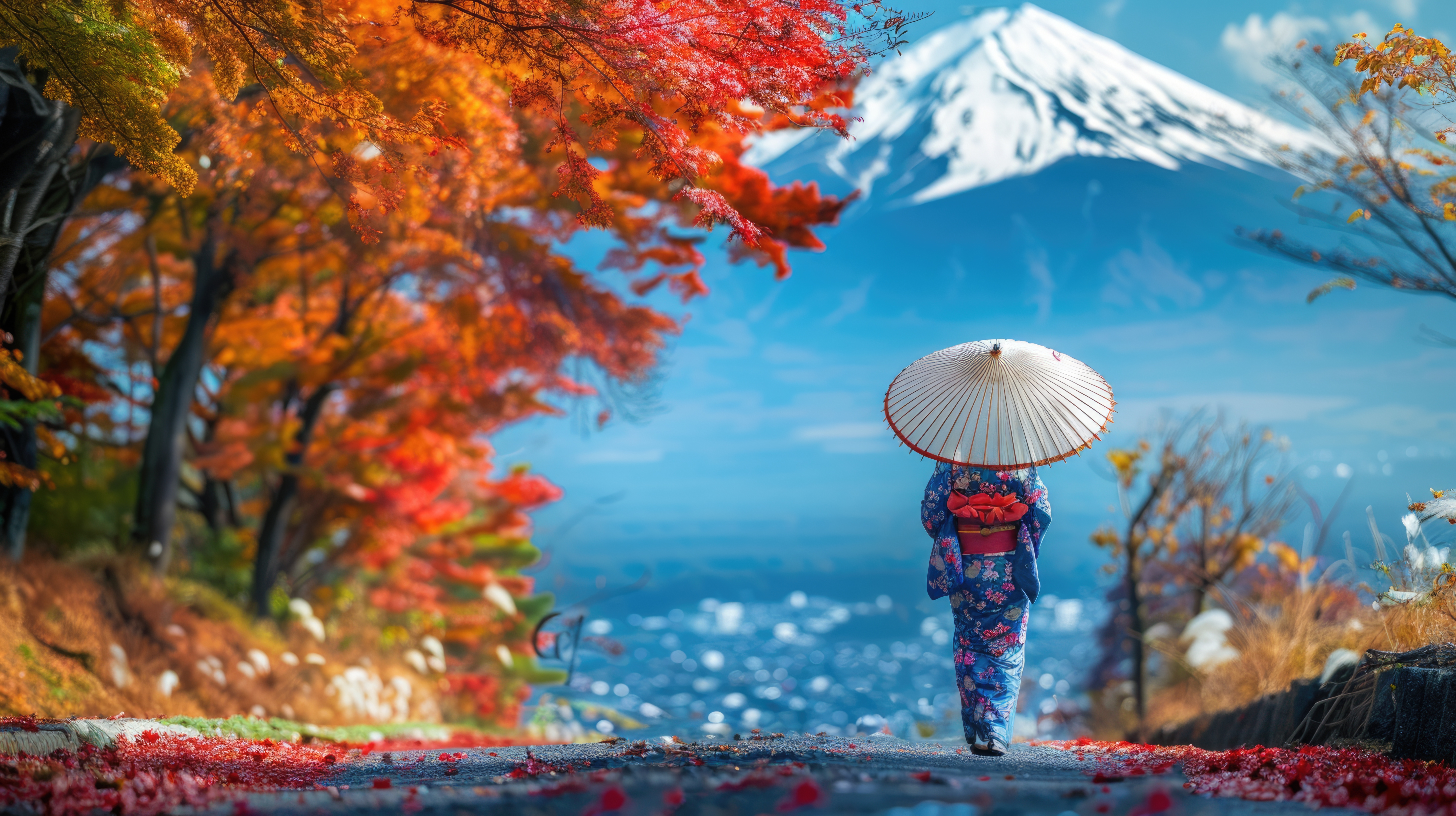 A relaxing Asian woman wears kimono, traditional japanese costume and holding umbrella in hands at Fuji Mountain, Japan